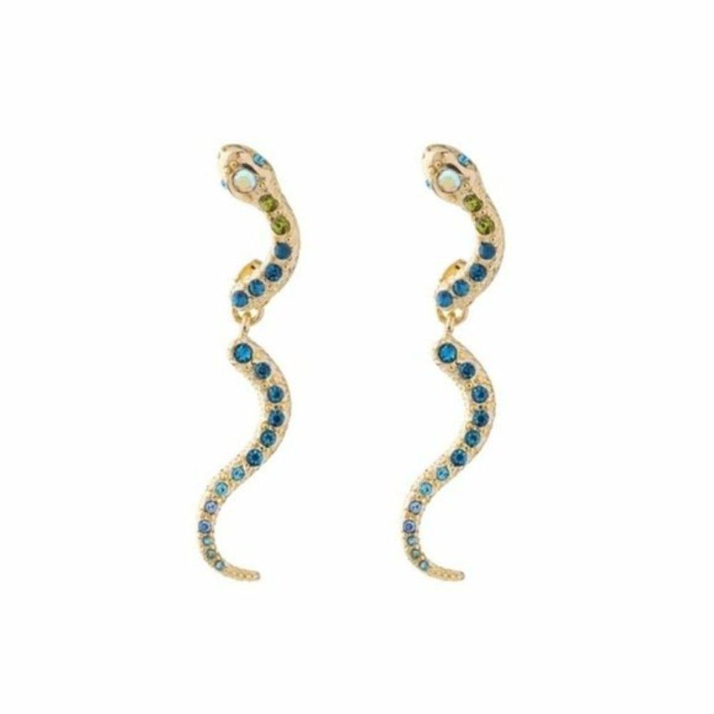 Blue Crystal Snake Vintage Gold Stud Drop Statement Earrings